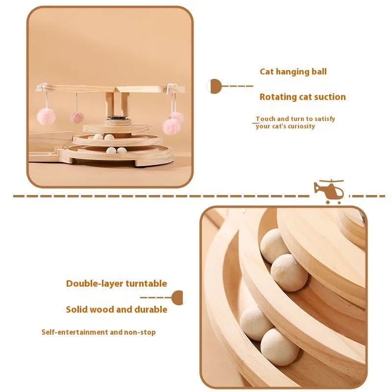 Solid wood cat scratch turntable toy in animal shapes including helicopter and panda designs