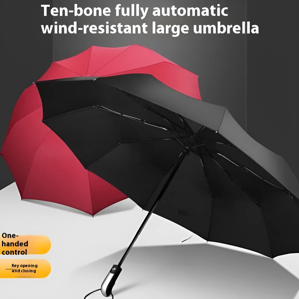 A folded black automatic business umbrella with a rubber handle, showing its triple folding design.