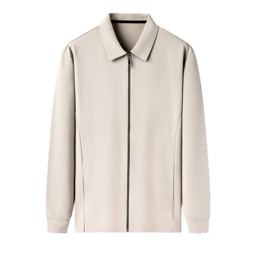 Men's black polyester jacket with long sleeves and a straight hem on a hanger.