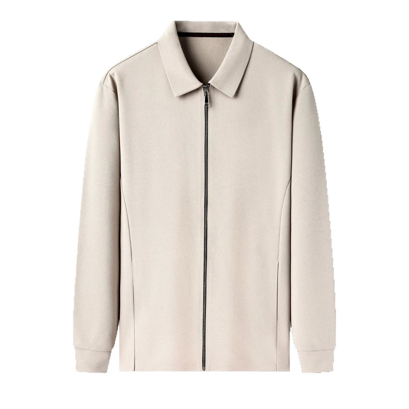 Men's black polyester jacket with long sleeves and a straight hem on a hanger.