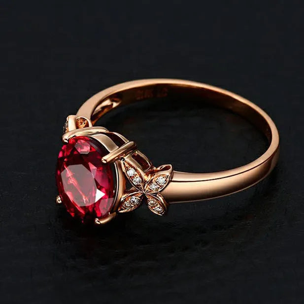 Women's 18k rose gold butterfly ring with heart shape design on copper material in red and blue colour options