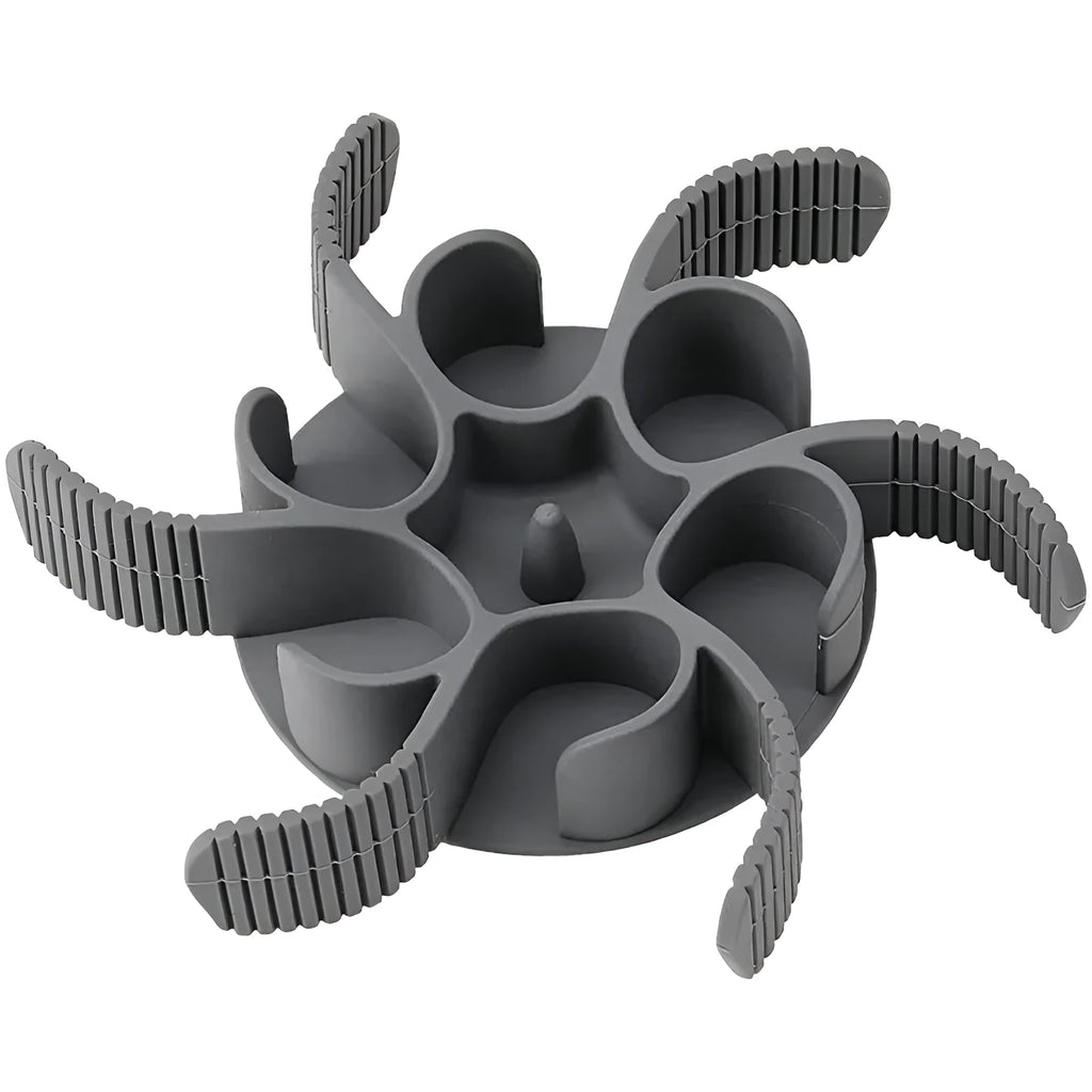 Red silicone dog slow feeder insert with spiral design and suction cups for bowl.