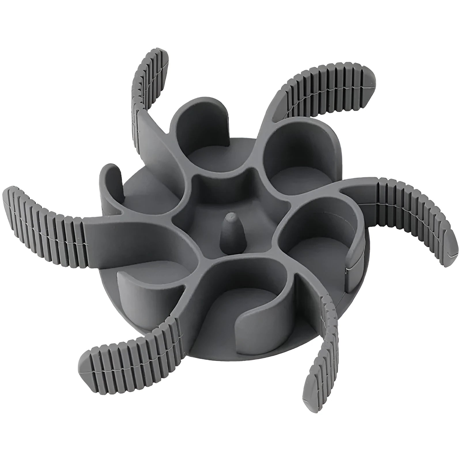Red silicone dog slow feeder insert with spiral design and suction cups for bowl.