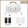 White round portable chimney grill with carbon tanks and mesh for outdoor frying and baking.