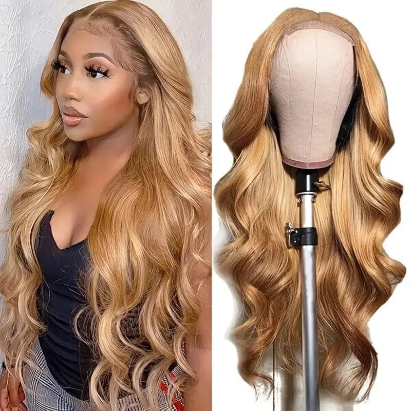 Light brown synthetic wig with big wave curls and side bangs in a long length.