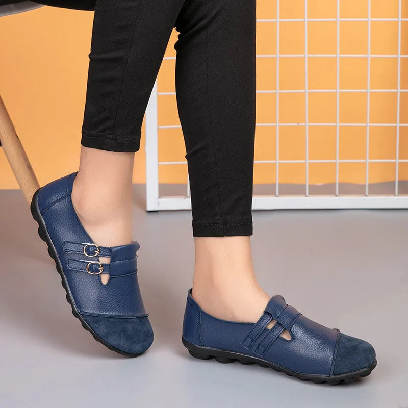 Button plus size casual low-top flat shoes with Velcro strap in six colour options.