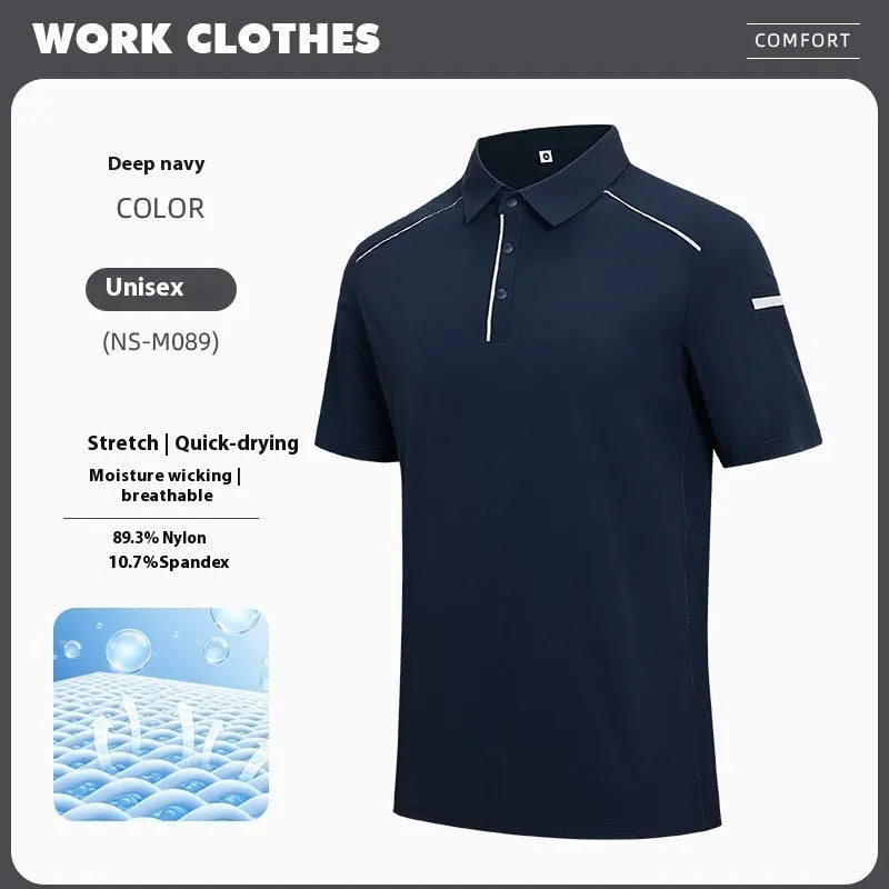 Men's solid colour quick-dry polo shirt on a hanger showing short sleeves and regular fit.