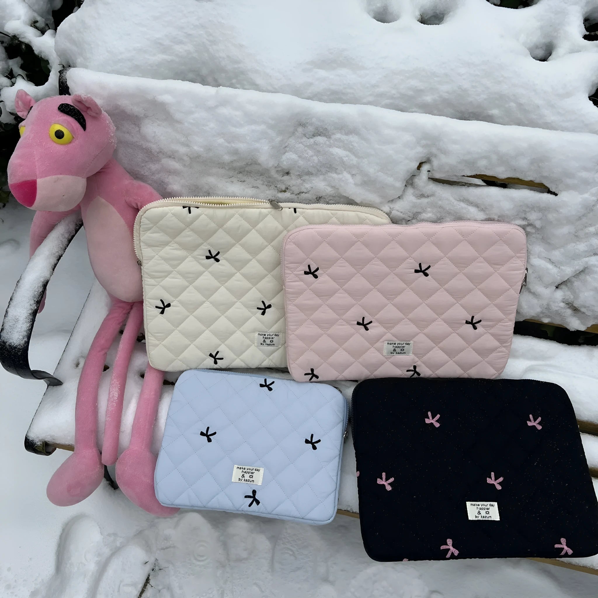 Nylon laptop storage bag with embroidered rhombus bow design in multiple colour options