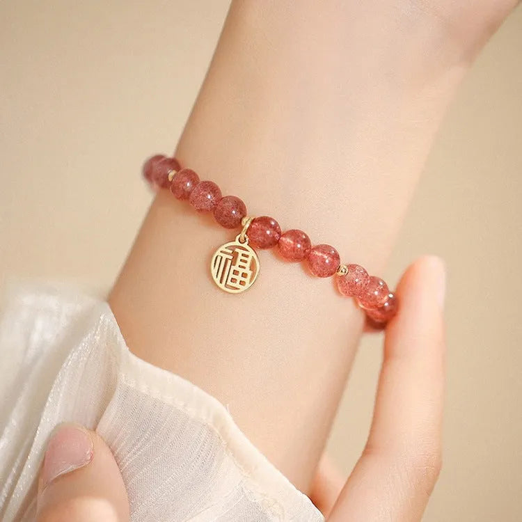 Strawberry quartz bracelet with blessing card in New Chinese style, manual processing, glass beads