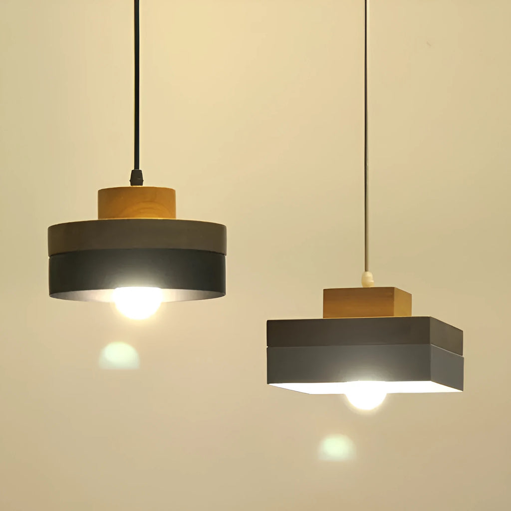 Japanese style solid wood and zinc alloy chandelier with adjustable cord, shown in a matte black round finish.