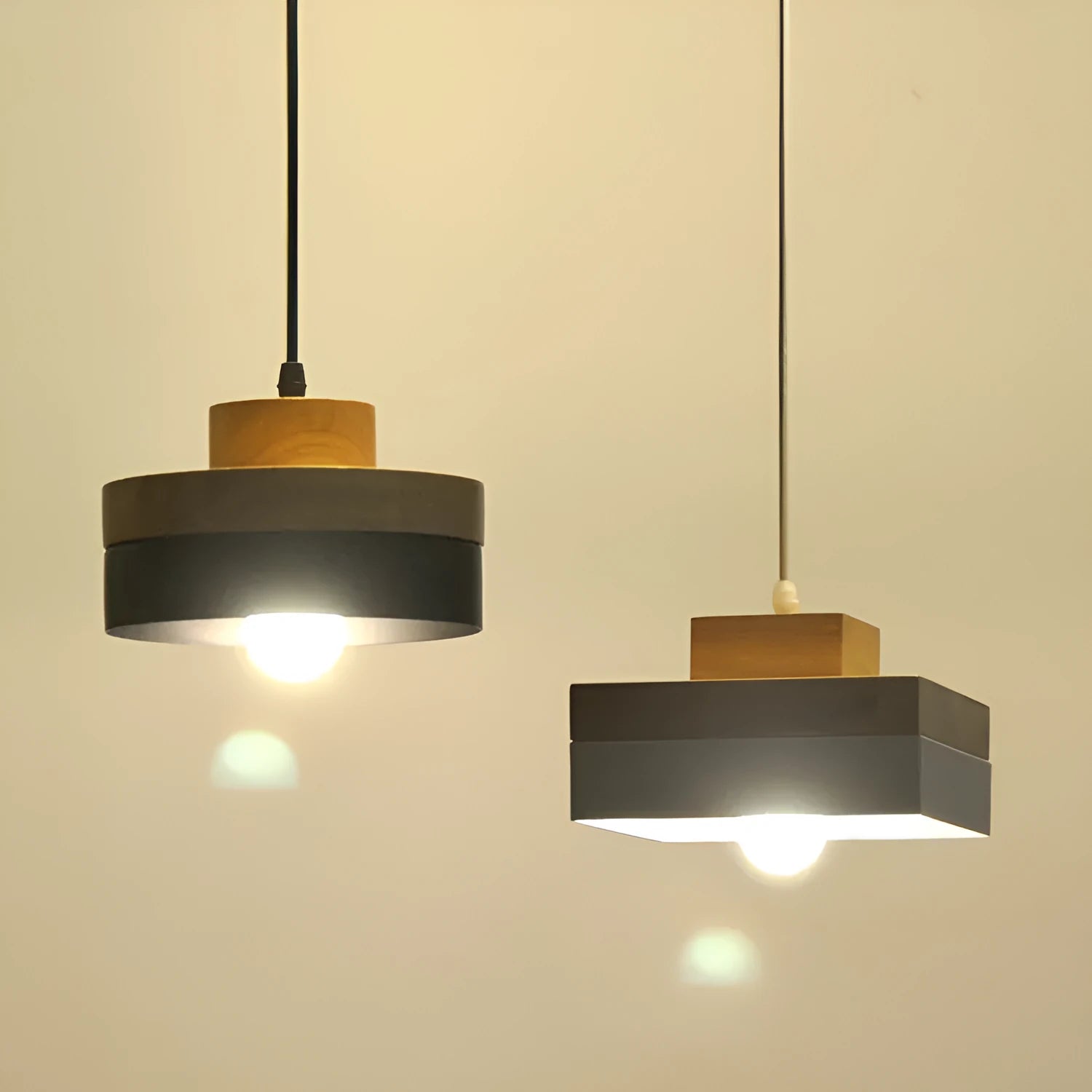 Japanese style solid wood and zinc alloy chandelier with adjustable cord, shown in a matte black round finish.