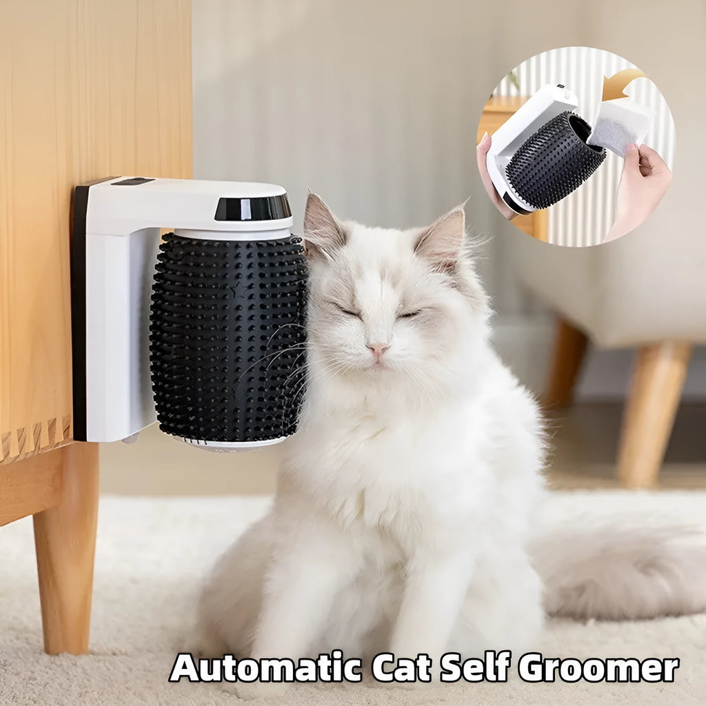 White automatic cat self groomer wall corner brush mounted in corner