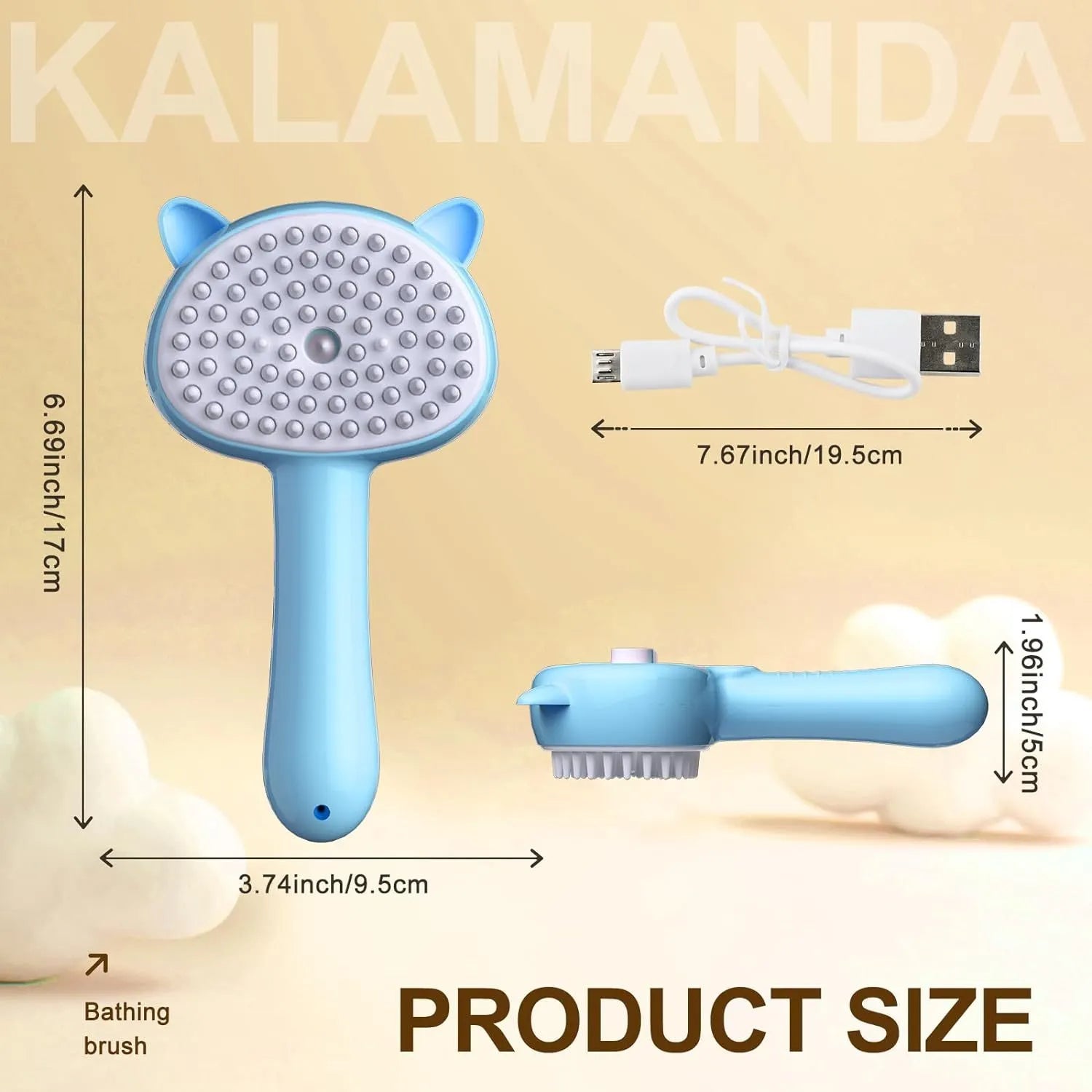 Blue cat-ear shaped pet grooming brush with rubber bristles and water reservoir
