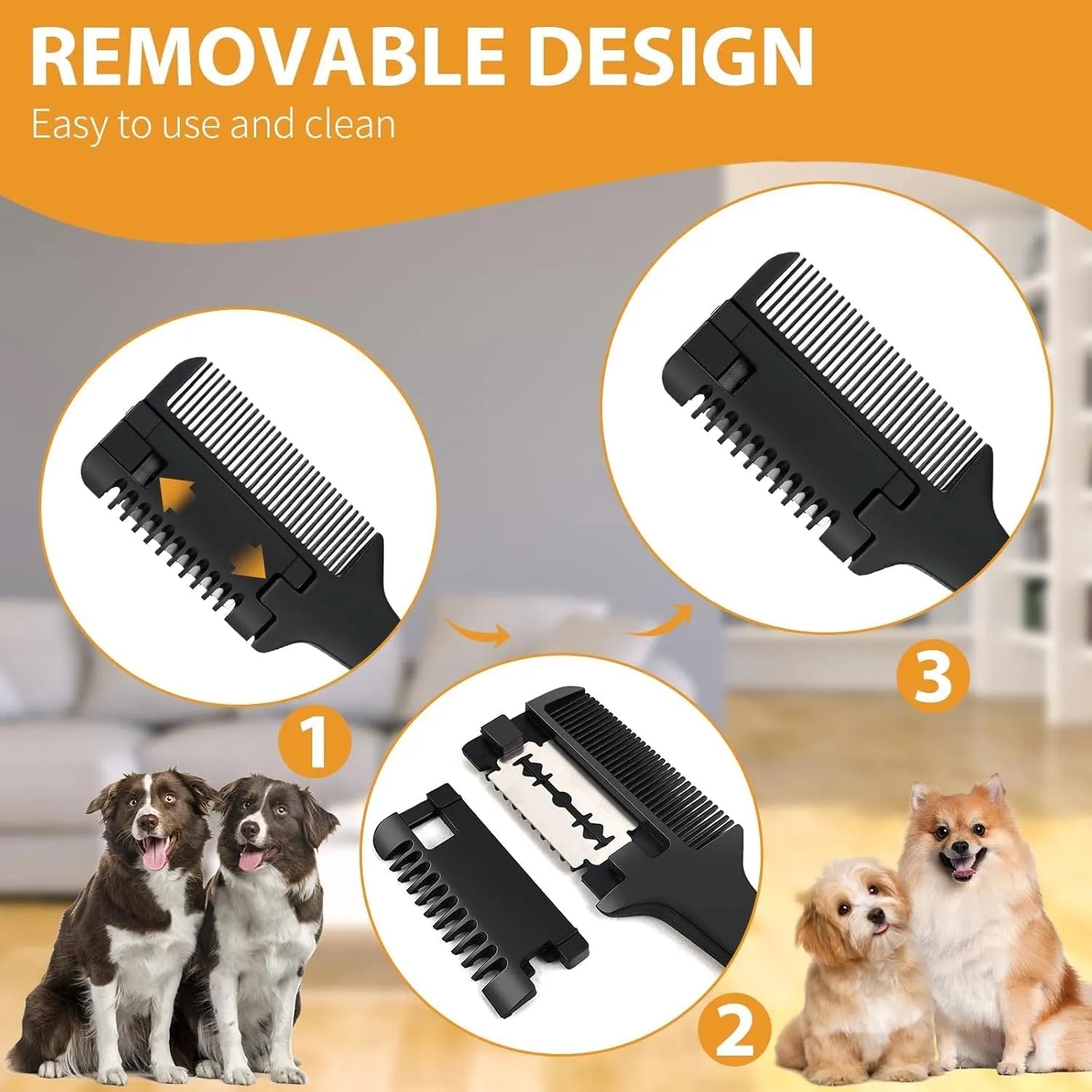 Dog grooming razor comb with detangling teeth and replaceable blades on a white background