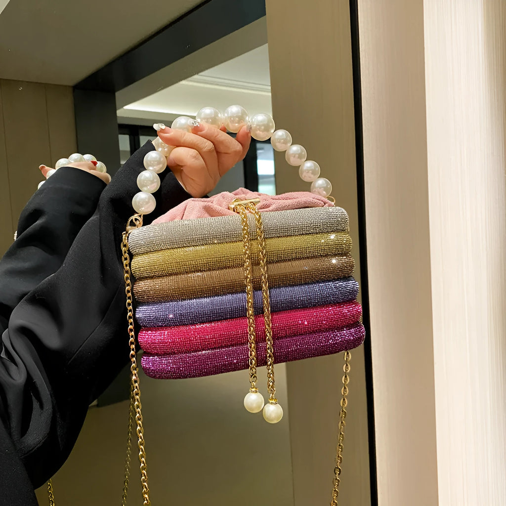 Soft round PU women's crossbody dinner bag with beaded details in retro style.