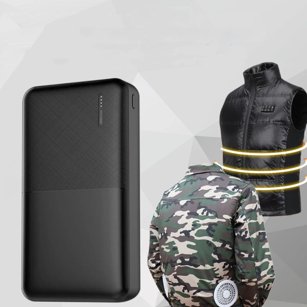 Black and white 20000 mAh power bank with multiple USB ports and plastic casing