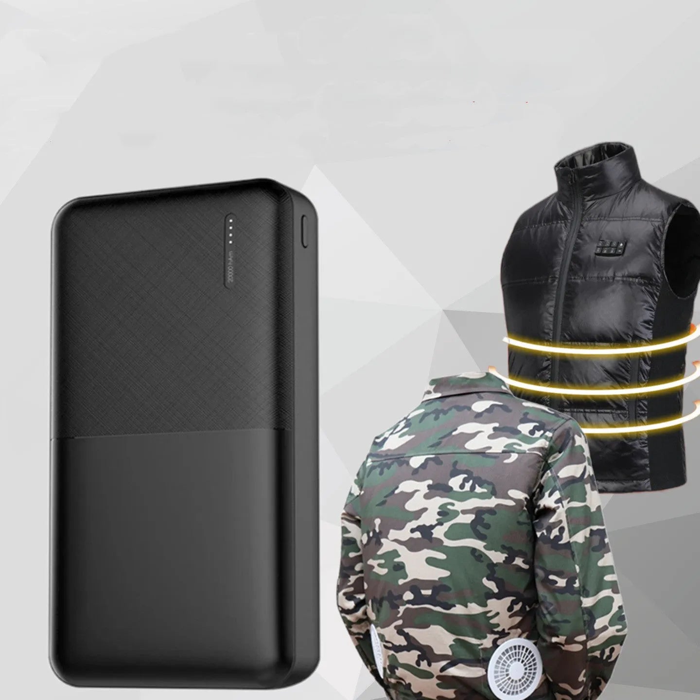 Black and white 20000 mAh power bank with multiple USB ports and plastic casing