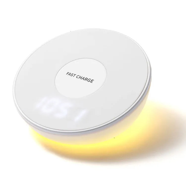 White 10W wireless charging pad with digital clock display and alarm functions