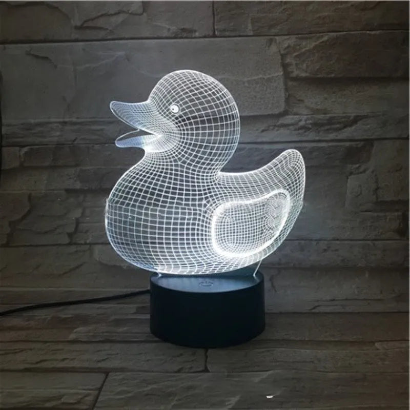 Little yellow duck 3D acrylic night light with remote control on an ABS base, showing multiple colour options.