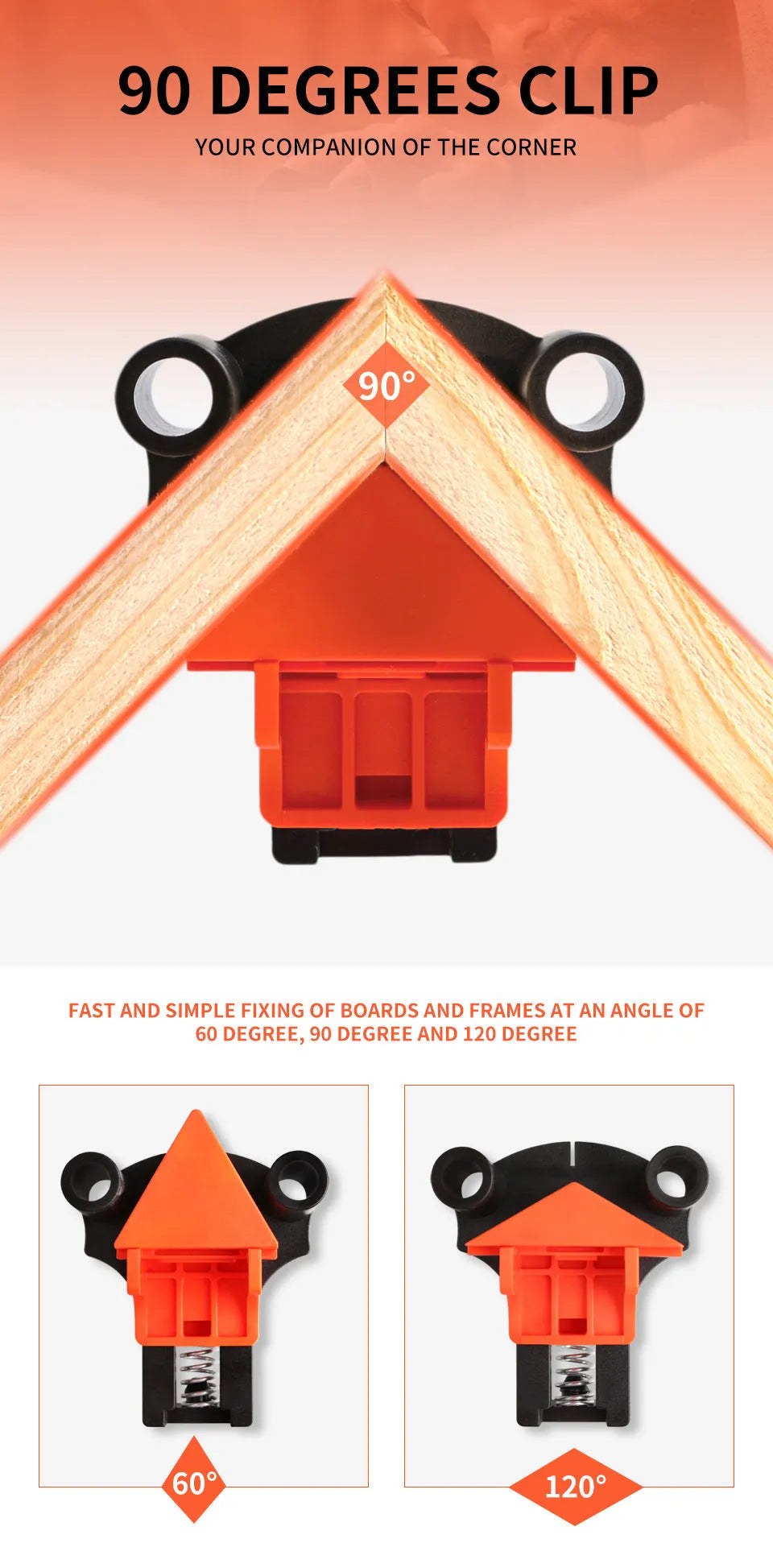 Four plastic 90 degree right angle woodworking clips for frame corner alignment