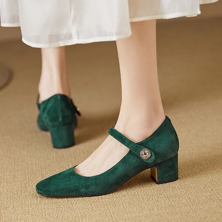 Women's black suede Mary Jane pumps with a square toe and chunky low block heel.