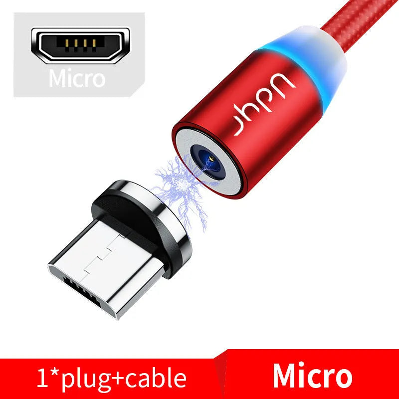 Magnetic USB charging cable with Android, Apple, and USB-C tips in black, red, and silver colours