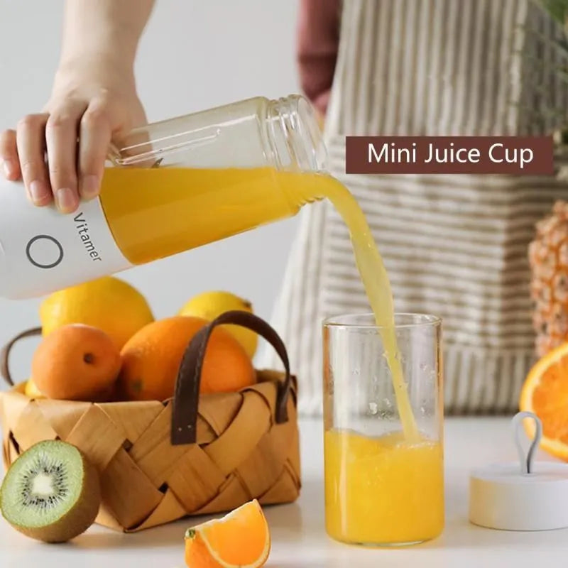 White portable USB rechargeable blender juicer with 350ml Tritan cup and silicone carry handle