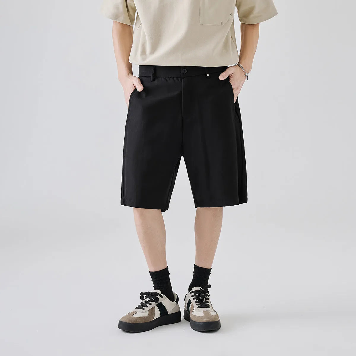 Men's lyocell casual shorts in loose summer style showing apricot, dark grey and black colour options