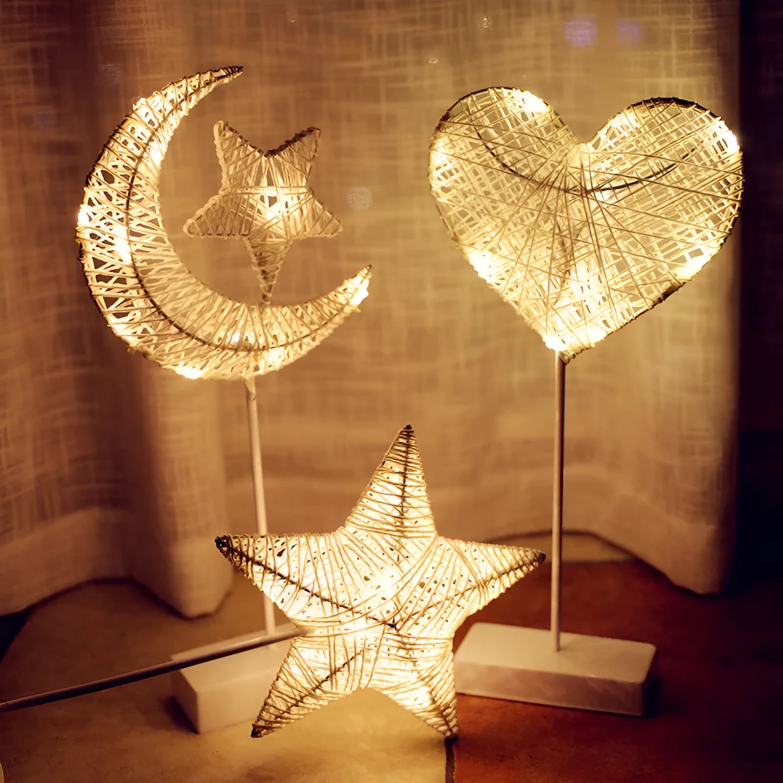 Rattan and copper wire LED star lamp, heart lamp, and moon lamp for bedroom decoration