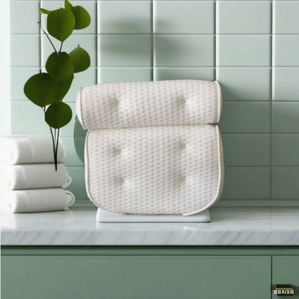 White bathtub pillow with suction cups showing 4D mesh construction and 3D permeable material