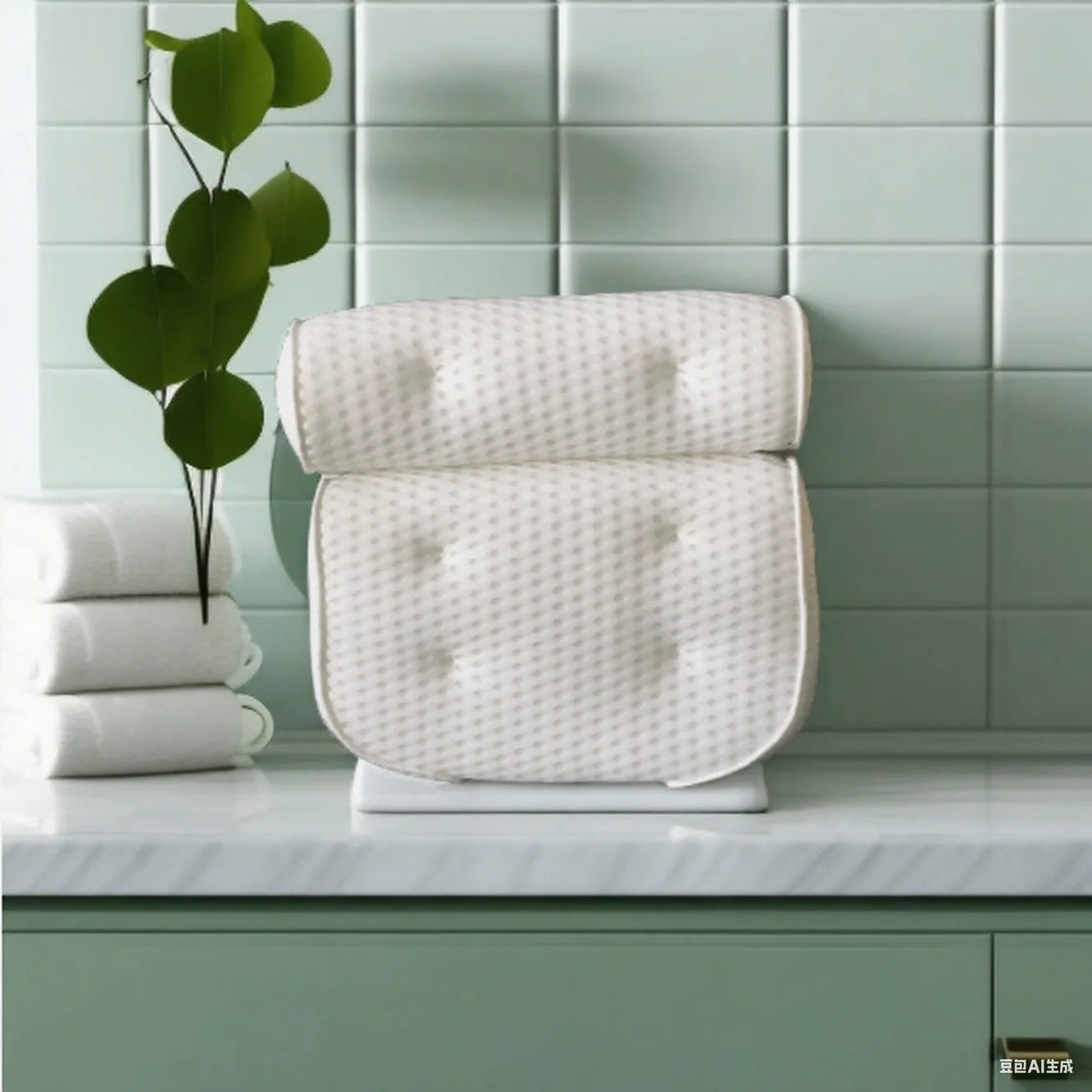 White bathtub pillow with suction cups showing 4D mesh construction and 3D permeable material