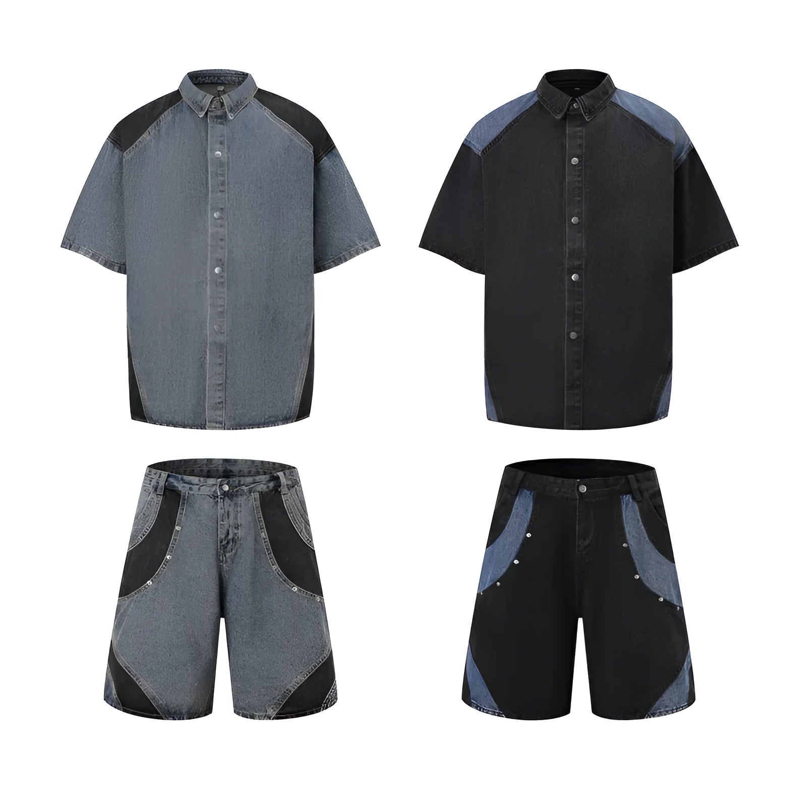 Retro denim suit with short-sleeved jacket and trousers in a washed finish.