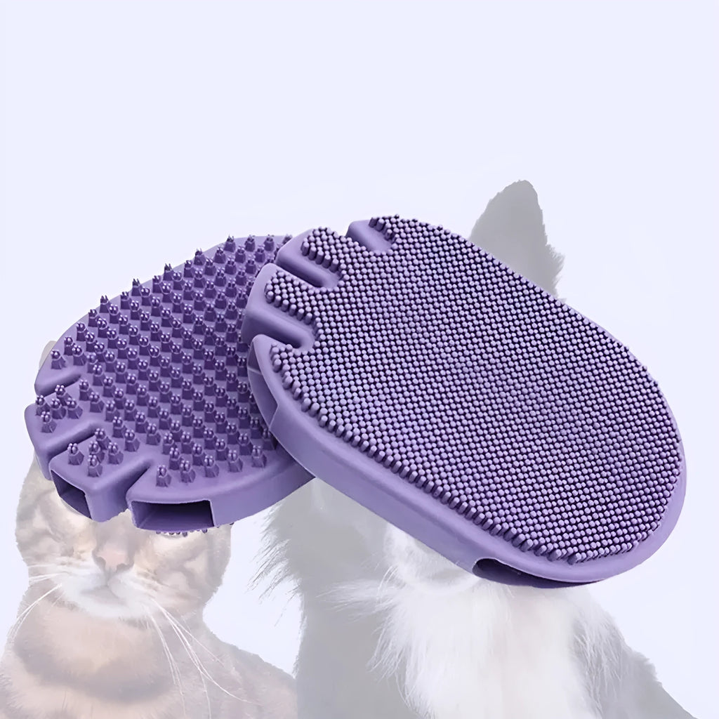 Purple dual-sided pet shampoo massage brush with soft TPR bristles and ergonomic handle.