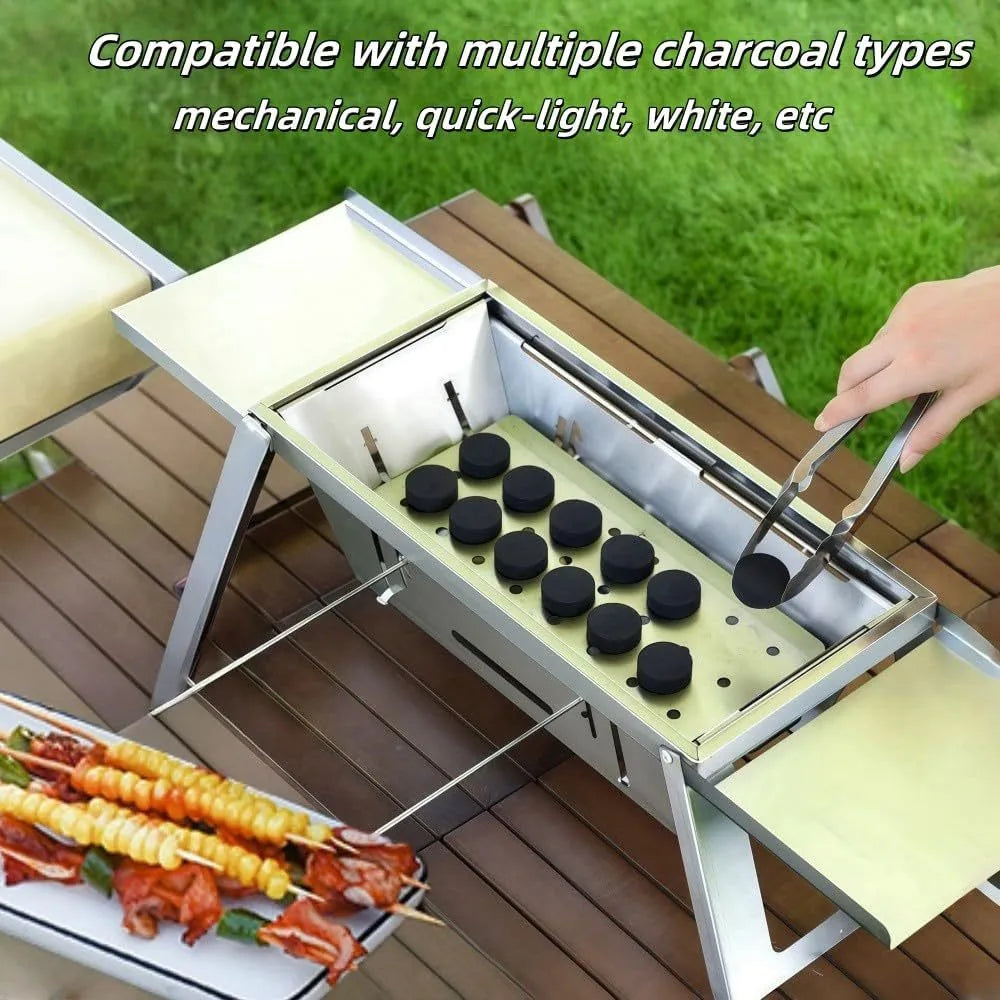 Small portable charcoal grill with foldable legs, shown collapsed for storage.