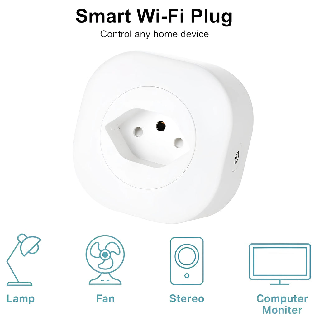 White smart socket plug with WIFI and voice control, showing EU plug pins.