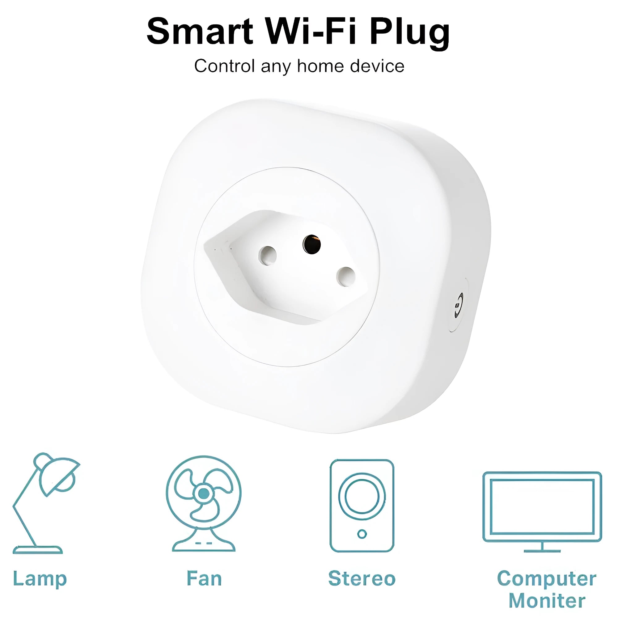 White smart socket plug with WIFI and voice control, showing EU plug pins.