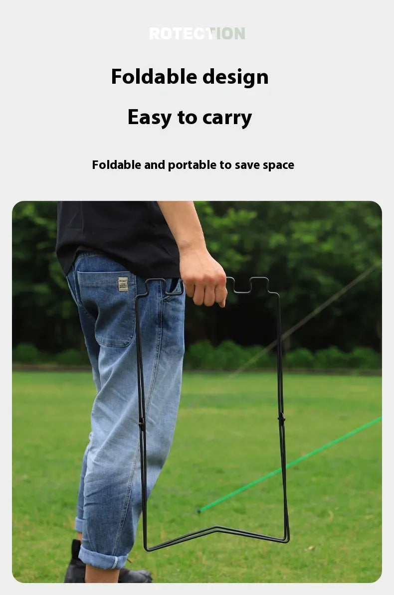 Stainless steel folding garbage bag bracket in black and silver colours for camping use
