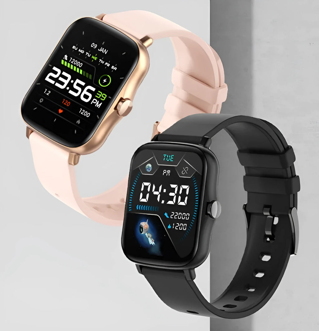 Black smart sports watch with colour touch screen on adjustable strap, showing heart rate data.