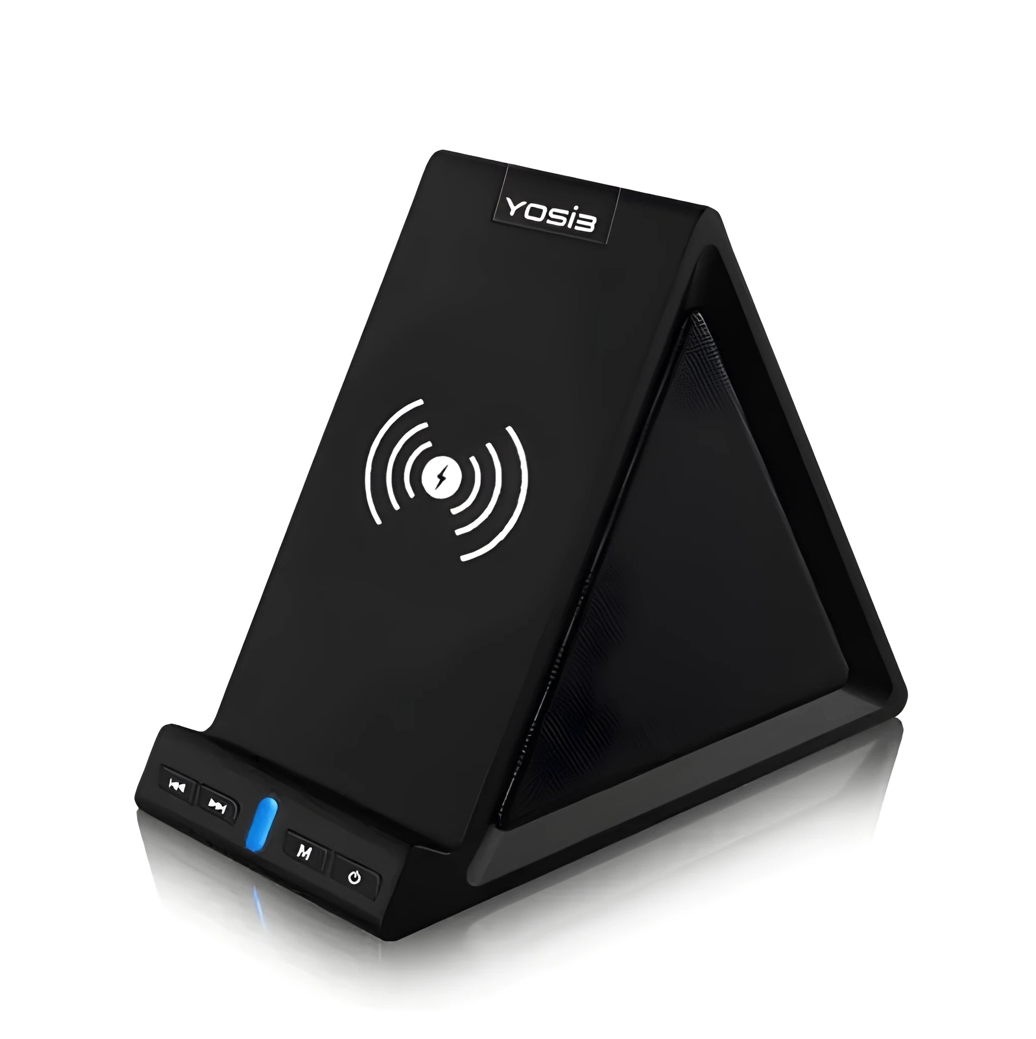 Black multifunctional Bluetooth speaker with integrated wireless charging pad and phone stand.