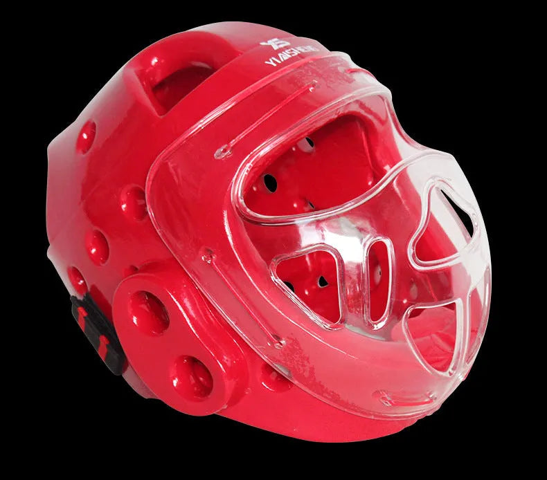 Karate helmet for boxing head protection shown in white, blue, and red colour options.