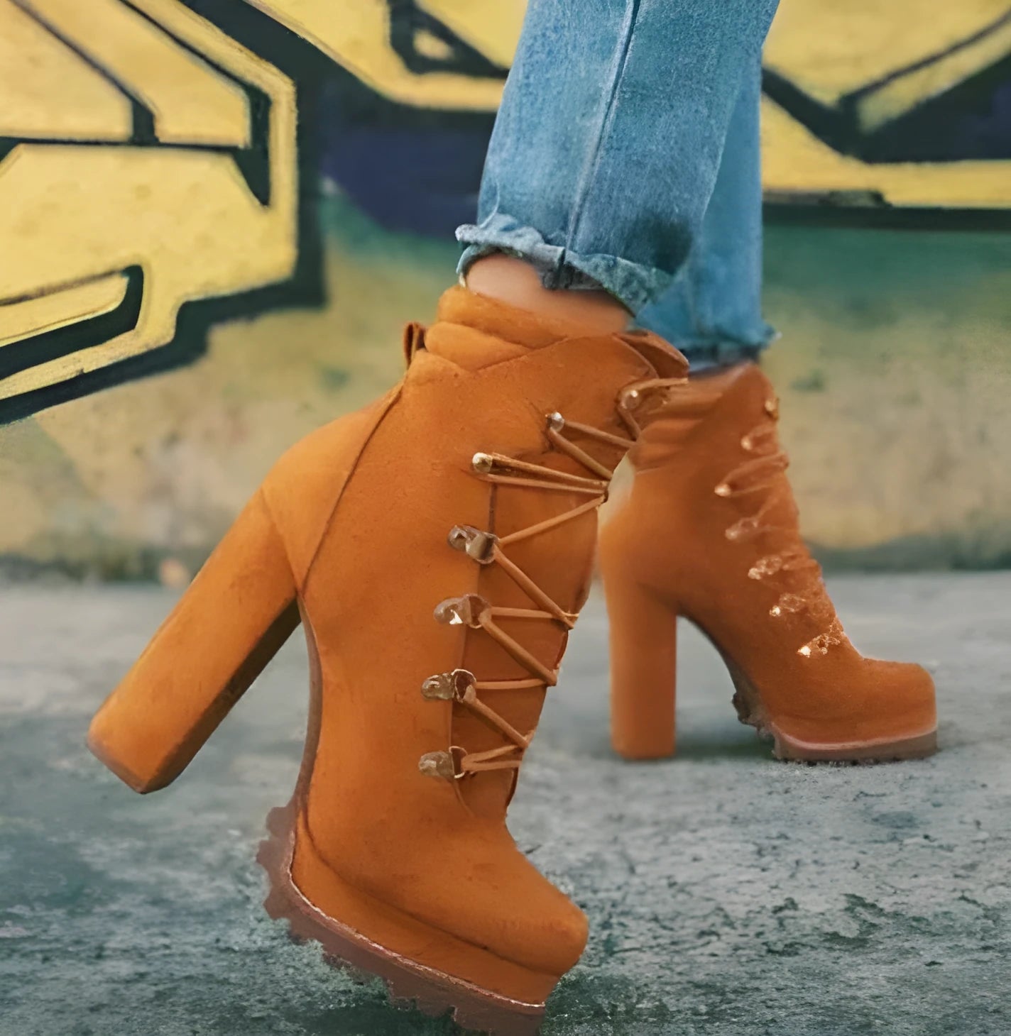 Women's army green suede Roman-style ankle boots with a thick high heel, round toe, and belt buckle detail.