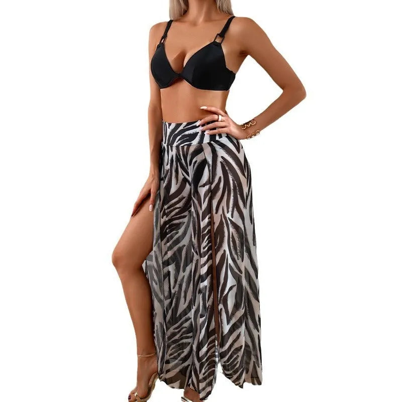 Women's three-piece bikini swimsuit set in quick-dry polyester with high elasticity, showing bra with shorts and pants options