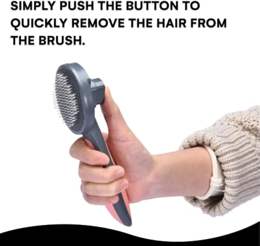 Self-cleaning slicker brush for pet grooming with grey handle and bristles