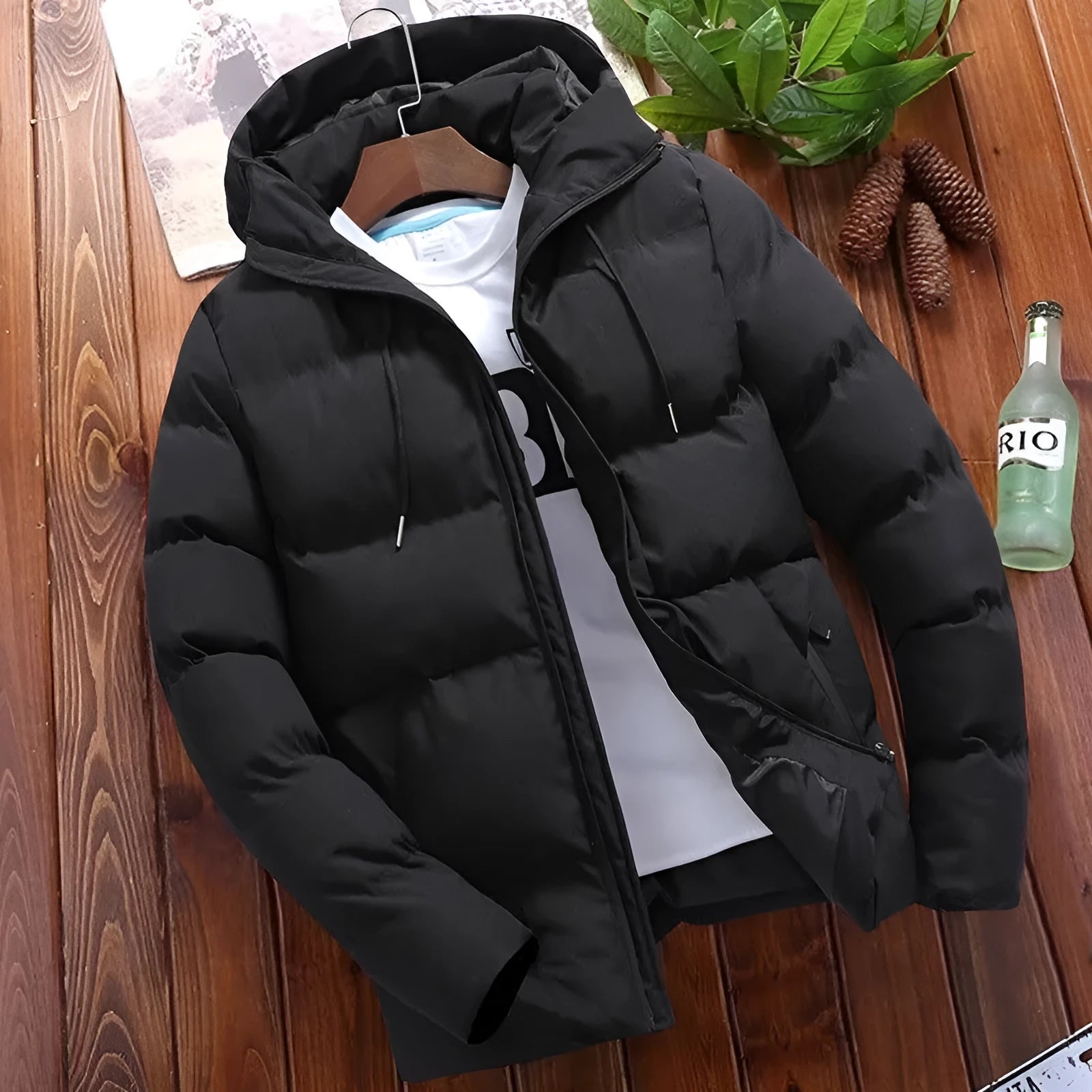 Men's pure cotton padded jacket with hood, zip front, in black, front view