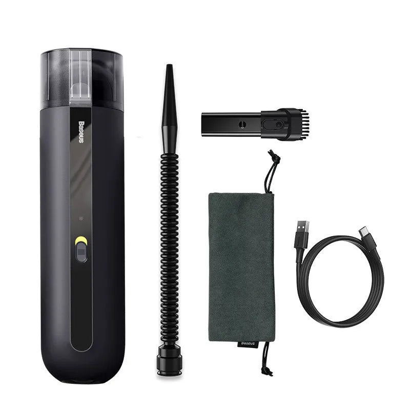 Baseus handheld cordless car vacuum cleaner in black, white, or green with blowing hose accessory.