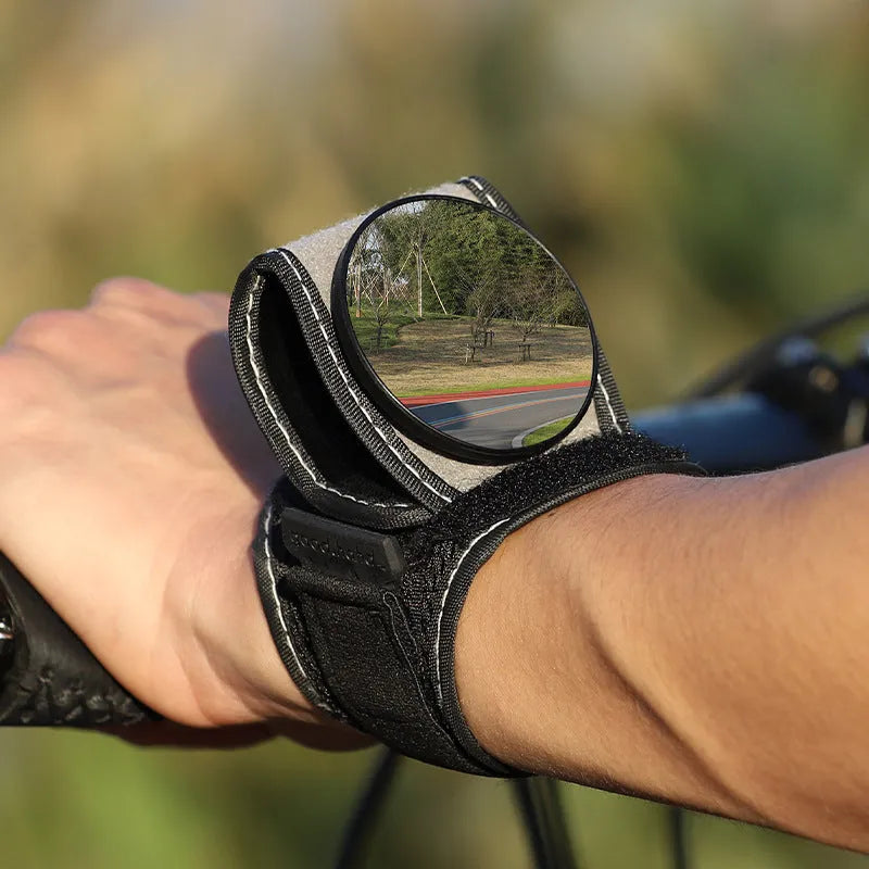 Black nylon cycling rear-view mirror with universal bicycle mount and adjustable viewing mechanism