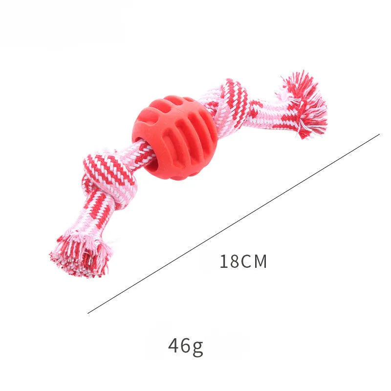 Blue dog molar chew toy with white cotton rope ends for dental cleaning and interactive play