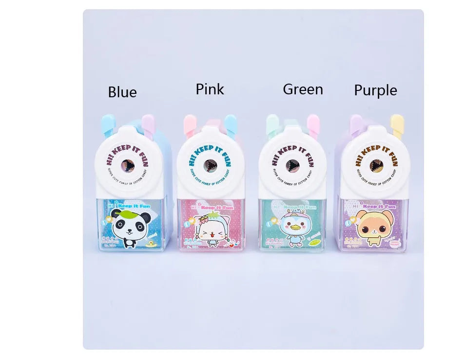 Cartoon animal pencil sharpener in blue, green, pink and purple colours showing 88x43x88mm dimensions