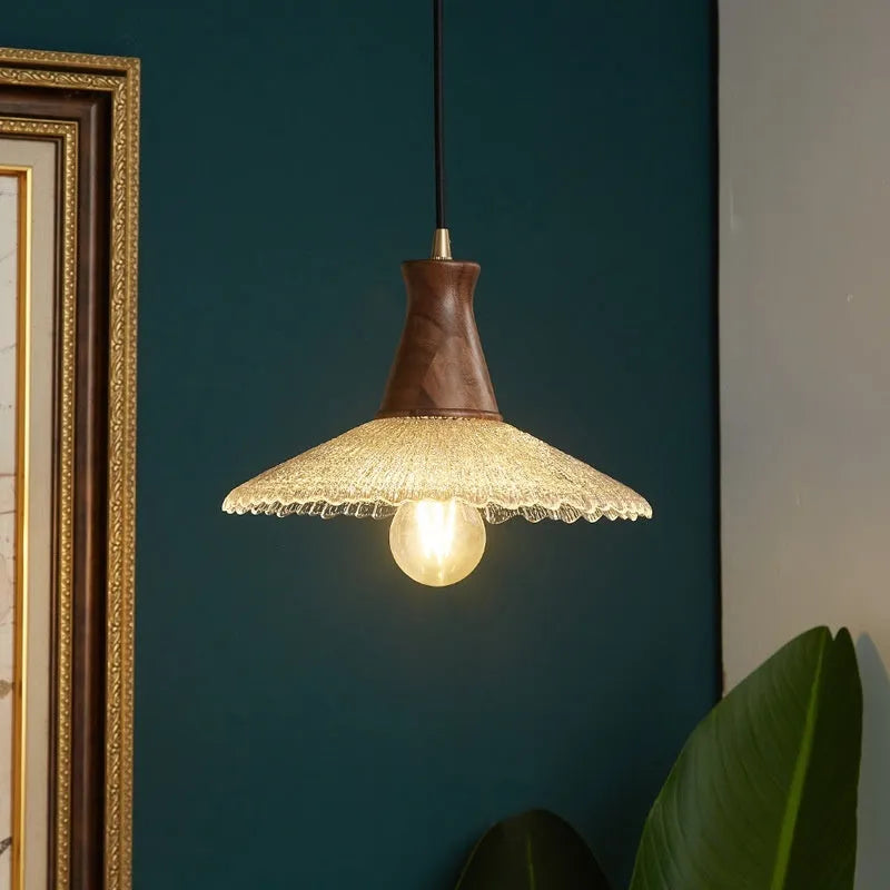Wood and brass electroplated ceiling lamp with glass shade in three available sizes
