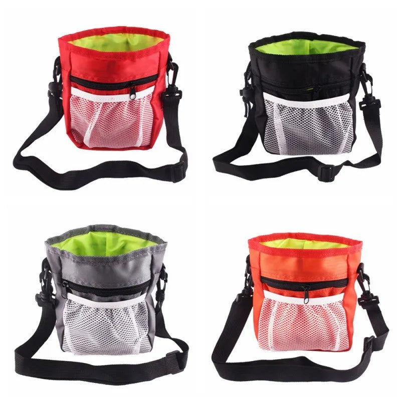 Drawstring dog treat pouch in Oxford cloth with belt buckle, 18x14x6cm, black colour
